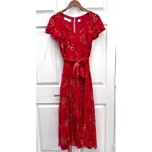 Dana Buchman Dress Womens 4 Red Floral Maxi Silk Flutter Sleeve Belted Elegant